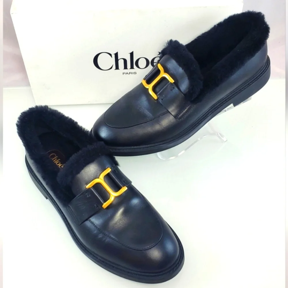 NWT$1,050 Chloé Marcie Black Shearling-Trimmed Leather Marcie Loafers Sz 40 (10)